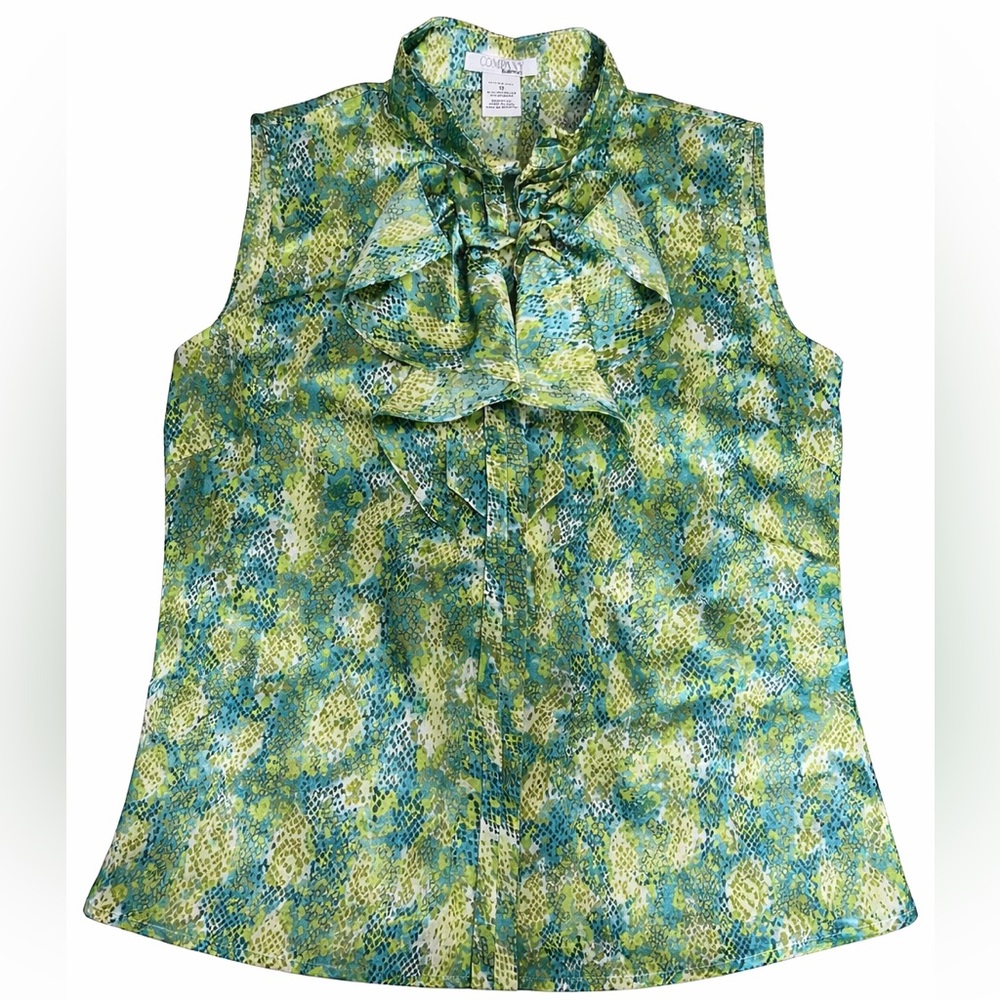☀️Ellen Tracy Vibrant Green and Blue Blouse with Serene Modern Feminine Elegance